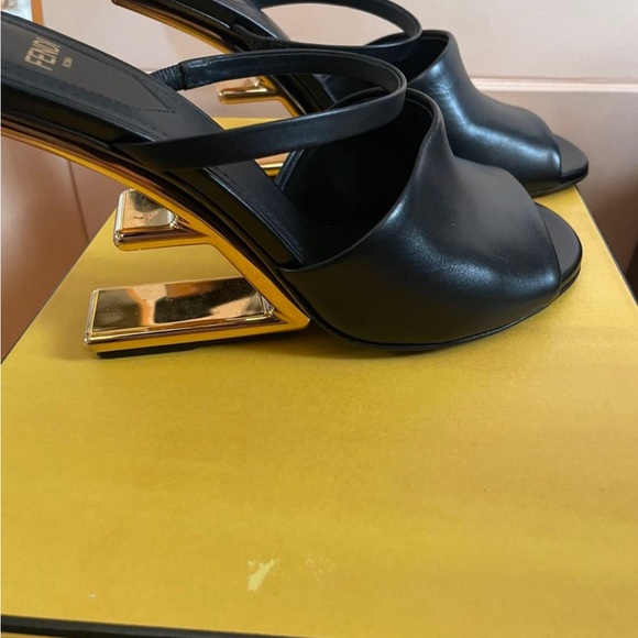 Fendi First 95mm Leather Metallic-Heel Slide Sandals - Picture 2 of 6